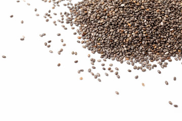 Pile of chia seeds on white background