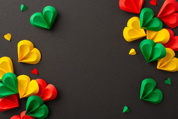 Freedom acknowledgment: hearts in red, green, yellow on black backdrop, representing Juneteenth's...