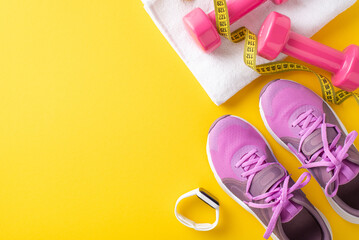Fitness gear including pink sneakers, dumbbells, a towel, and measuring tape on a vibrant yellow...