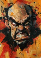 A painting of an angry man with a red background