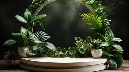 podium product stand or display with leaf, green background and cinematic light