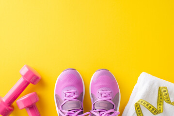 Health kit. Top view photo of workout sneakers, dumbbells, towel, and tape measure on yellow background with space for text or advert