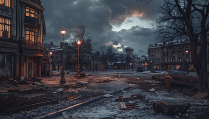 A desolate city street with a few buildings and a few street lights