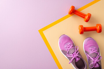 Top view of vibrant workout gear including pink sneakers and orange dumbbells on a purple and beige...