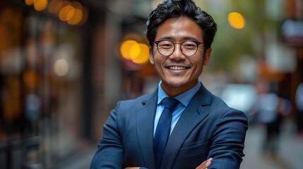 young asian businessman with arms crossed smiling happy at the city illustration photo