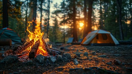 a glowing campfire at a camping spot in the woods. The burning flames provide warmth and light, set against the tranquil backdrop of the woods with tents under the fading light of day