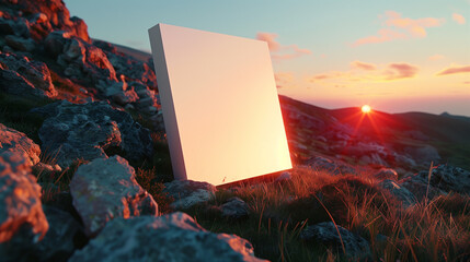 there is a white square on a rocky hill with the sun setting - Powered by Adobe
