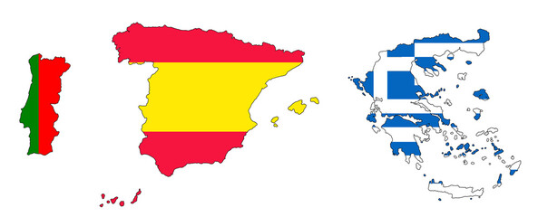 Map of Spain, Portugal and Greece in national flag colors. Map illustration of European countries.	