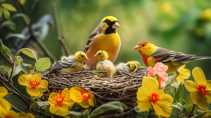 there are many birds that are sitting in a nest together