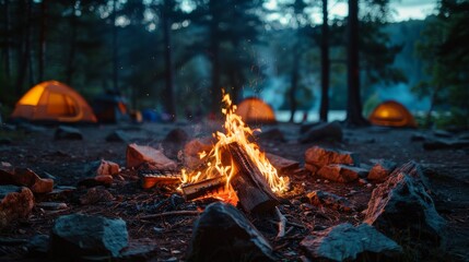 a glowing campfire at a camping spot in the woods. The burning flames provide warmth and light, set against the tranquil backdrop of the woods with tents under the fading light of day