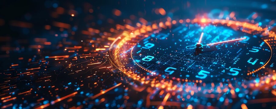 High-tech futuristic clock with glowing neon lights and digital elements, representing the concept of modern timekeeping and technology.