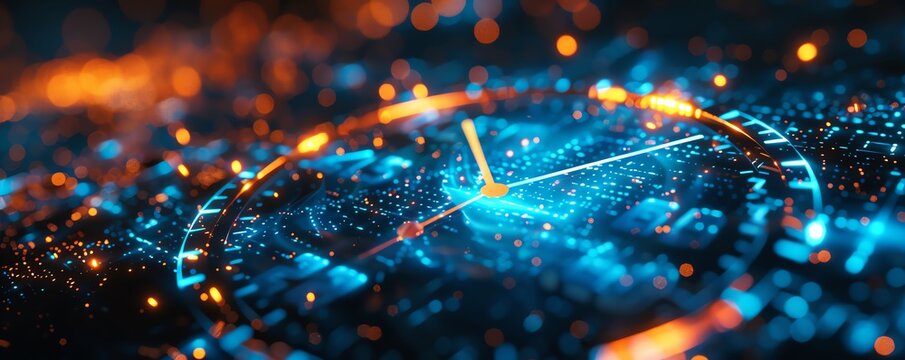 A futuristic digital clock interface glowing in blues and oranges, with a detailed and intricate technological design.