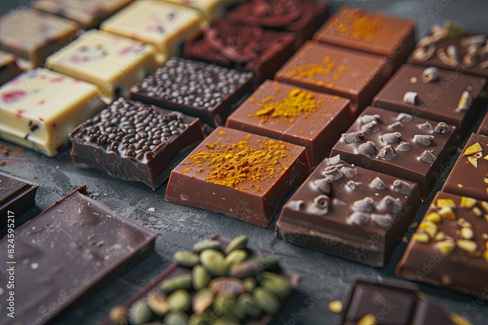 Aufkleber Various types of chocolate bars neatly arranged on a table. Generative AI