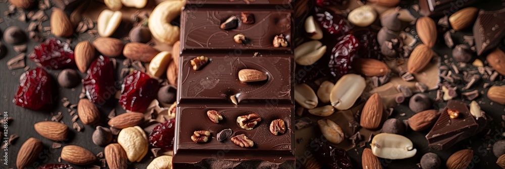 Poster A decadent chocolate bar filled with crunchy nuts and sweet cranberries, creating a delightful combination of flavors and textures. Generative AI