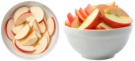 Set of apple slices in a white bowl, side and top view, isolated on a transparent background