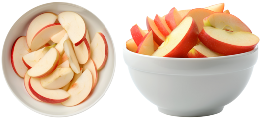 Set of apple slices in a white bowl, side and top view, isolated on a transparent background