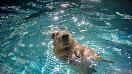 there is a polar bear swimming in a pool of water