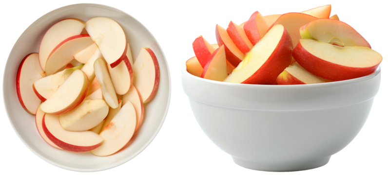 Set of apple slices in a white bowl, side and top view, isolated on a transparent background