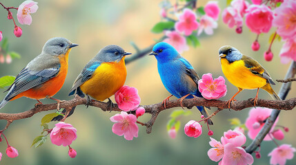 three birds sitting on a branch of a tree with pink flowers