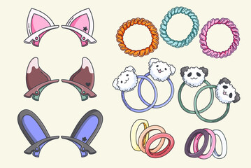 Girl hair accessory. Head band with ears and elastic ribbon vector set. Isolated scrunchy and female beauty rubber. Cute and fancy girlish grooming bend accessories with bear and panda element