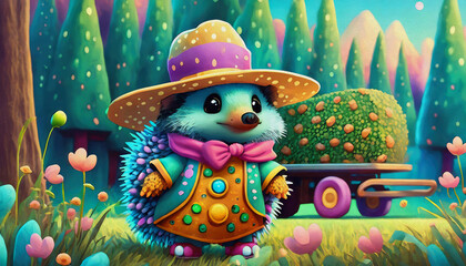 Fototapeta premium oil painting style cartoon character illustration Multicolored close up cute baby hedgehog in a farmer's costume,