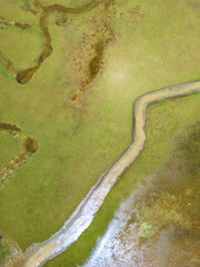 The meander in Antalya Sobucimen plateau. Aerial view of complex waterways weaving  through lush green fields