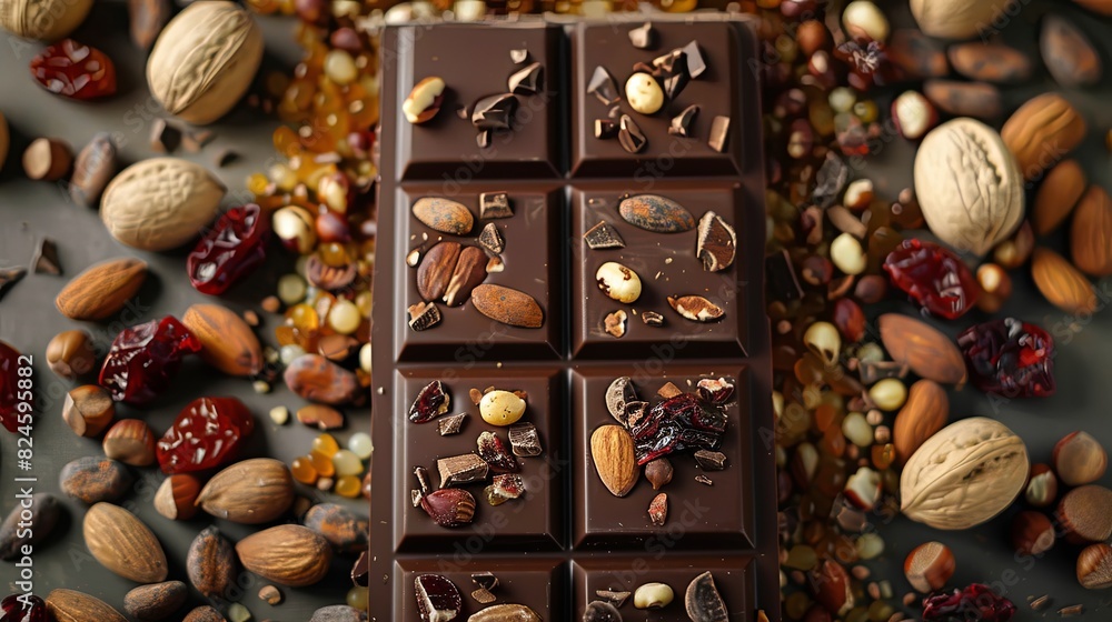 Fototapete Rich chocolate bar surrounded by an assortment of nuts and dried cranberries, creating a natural and appetizing display. Generative AI