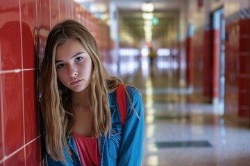 School stress: teenage girl facing learning difficulties in corridor
