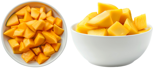 Set of two white bowls with mango fruit pieces, side and top view, isolated on a transparent background