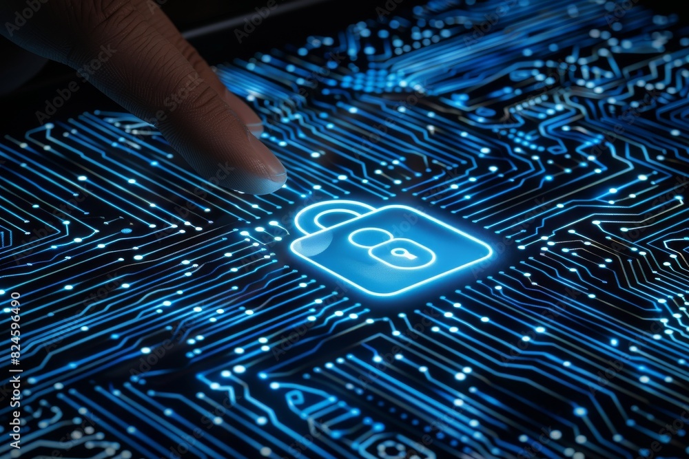 Aufkleber finger pointing to glowing lock on circuit board highlights data security in technology