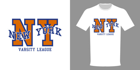 Vector illustration of New York Varsity League t-shirt. Typographic print of student t-shirt. University team uniform