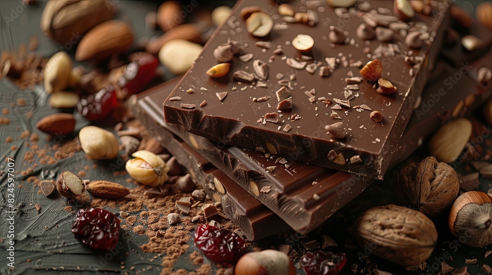 Poster a detailed close-up of a chocolate bar surrounded by an assortment of nuts, showcasing rich textures