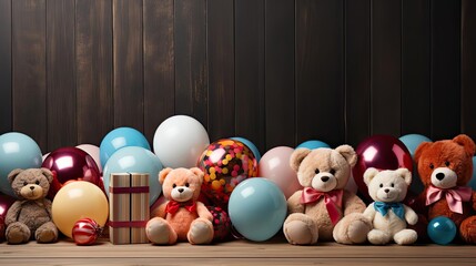 front view of children's day background with balloon and doll ornaments