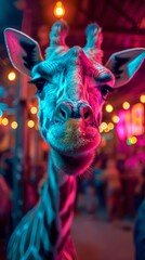 A close-up view of a giraffes face and neck, showing its distinctive long neck, spotted fur, and expressive features