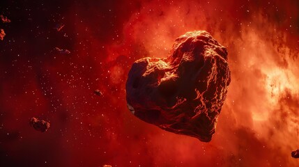Heart-Shaped Asteroid in a Cosmic Red Nebula

