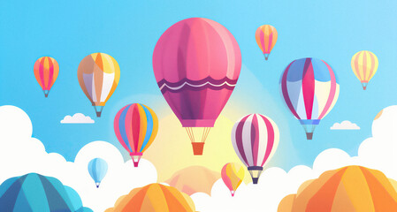 Fototapeta premium Beautiful landscape of hot air balloons flying over the sky. Hot air balloon festival. 2D flat illustration. Space for text.