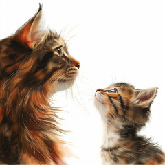 painting of a cat looking at another cat with its head up