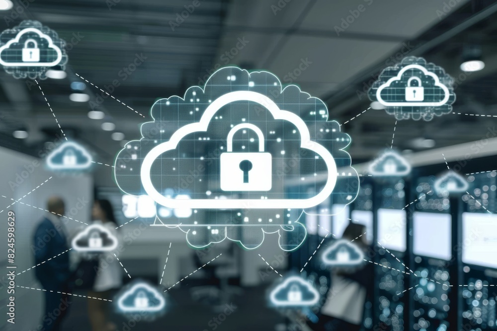 Aufkleber digital cloud lock on blue interface symbolizes secure data protection in modern tech