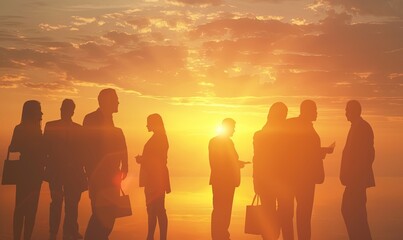 Fototapeta premium Silhouettes of group of business people against sunset comeliness