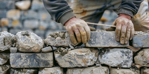 A stonemason builds a stone wall.