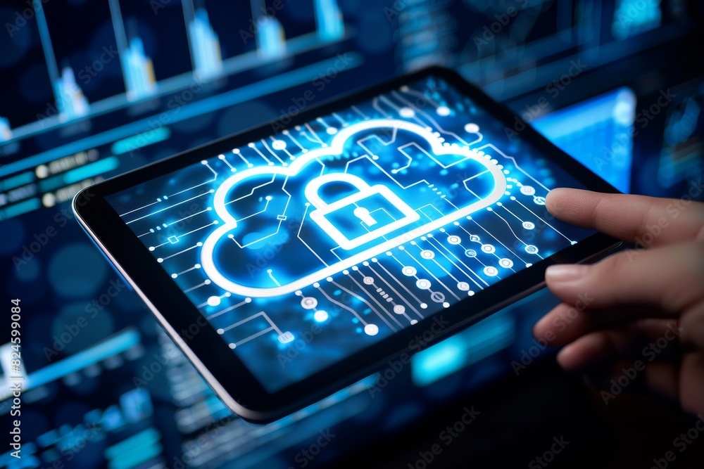 Aufkleber finger pointing to glowing cloud lock on digital interface emphasizes data security measures