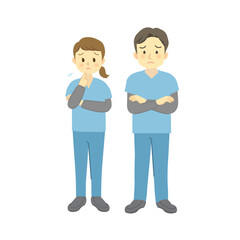 困った表情の青系のスクラブを着用した医療従事者の男女（正面を向いて困り顔全身）　
