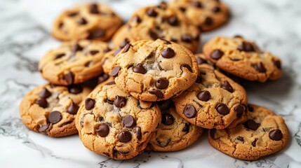 Fresh chocolate chip cookies in a delicious pile, on a glossy marble countertop, subtle shadows