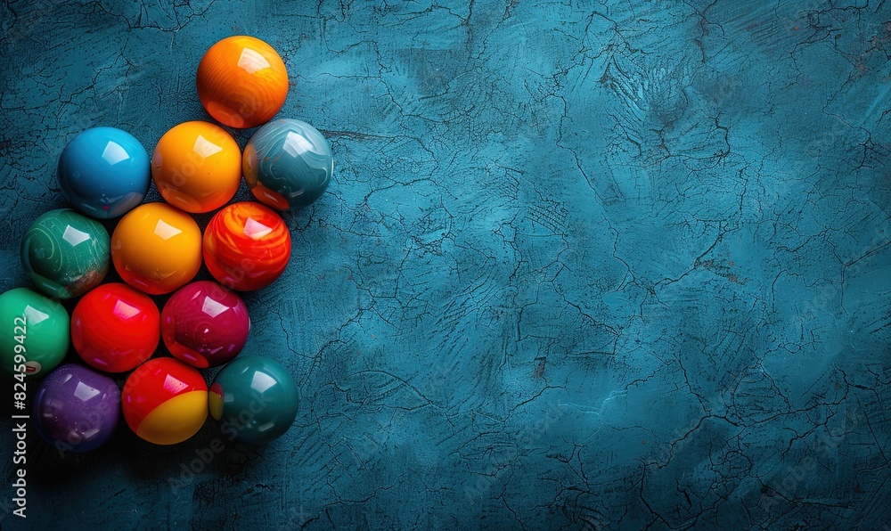 Poster vibrant billiard balls on a table, close up top view with ample space for text placement