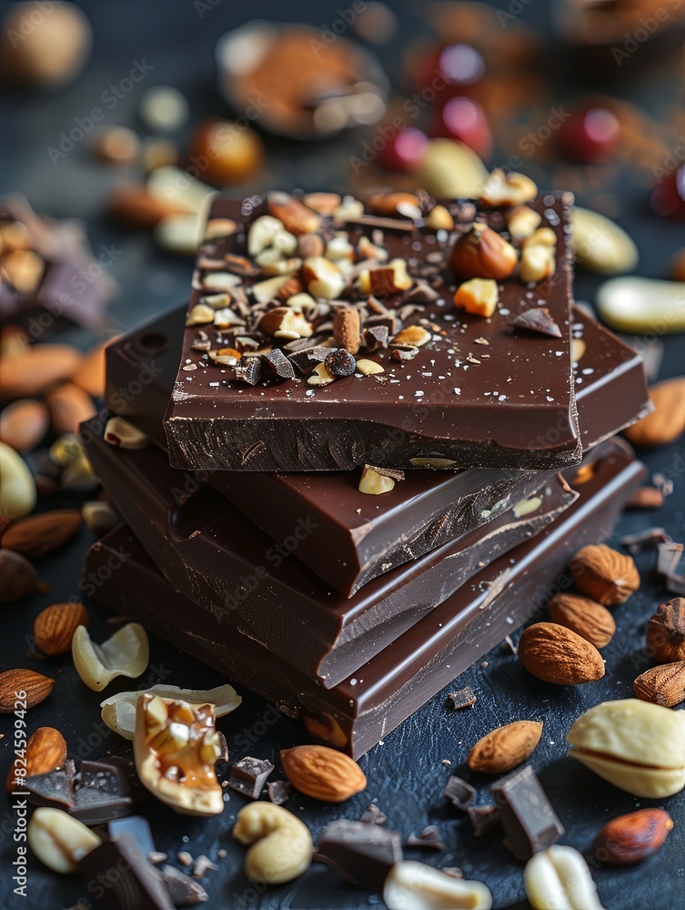 Poster a detailed close-up of a stack of chocolate bars surrounded by nuts and dried fruits, featuring rich