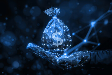 Obraz premium A blue wireframe hand holding a dollar and a money bag symbol, representing the connection between digital and traditional currencies in a modern, abstract style. Place for text.