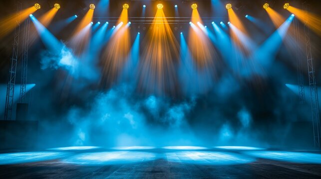 Empty Stage With Blue And Yellow Lighting In A Club Setting