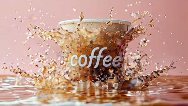 Dynamic coffee splash with a floating cup against a pink background.