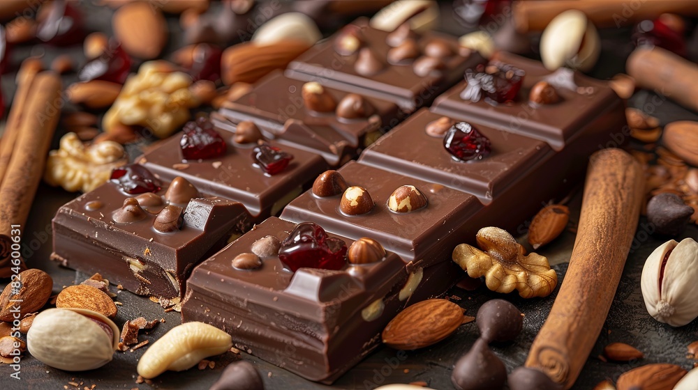 Poster detailed close-up of a chocolate bar filled with nuts and cranberries, showcasing rich textures and 