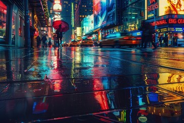 a bustling city, neon lights illuminate a rain-soaked street. Reflections dance on wet pavement as pedestrians hurry by, capturing the vibrant energy and dynamic atmosphere of urban life after dark